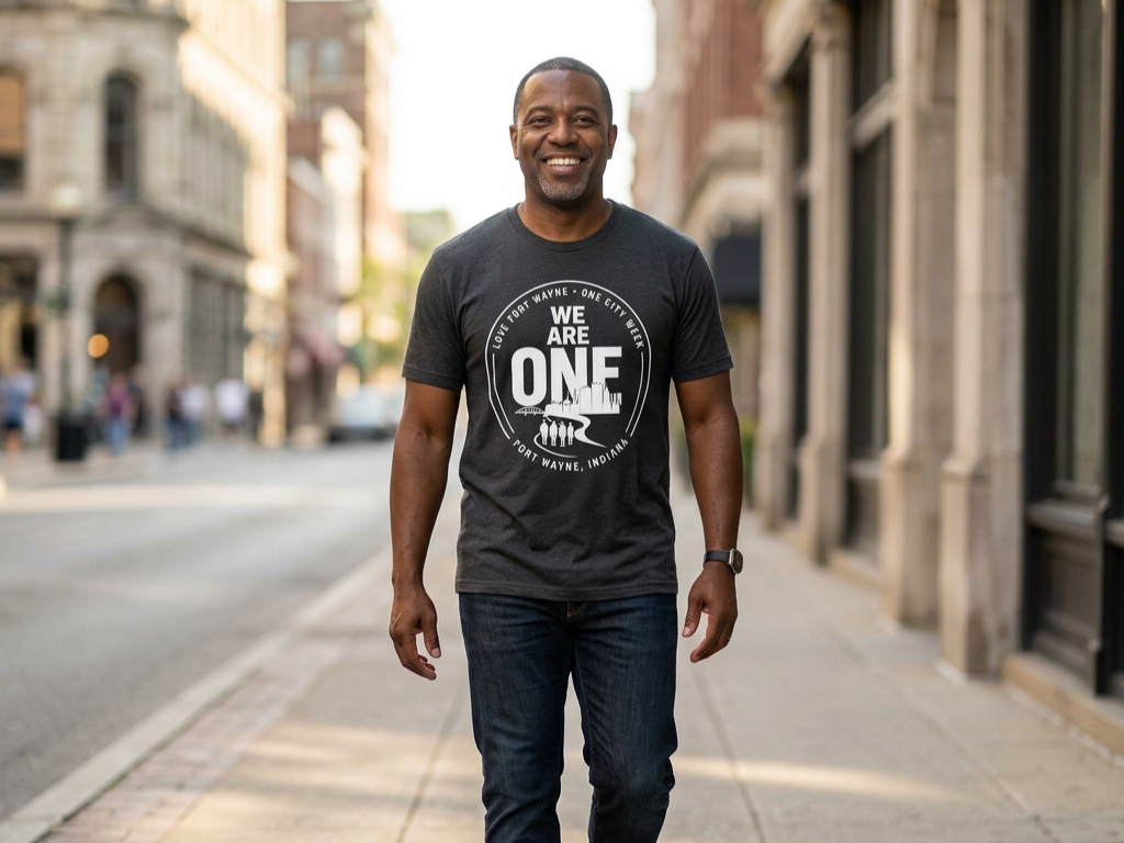 Man walking downtown Fort Wayne wearing a We Are One t-shirt