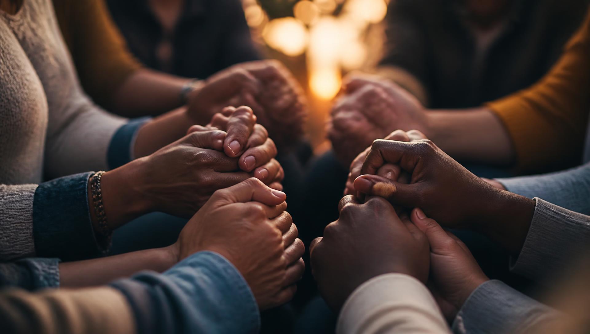 Hands of many skin tones joined together in prayer